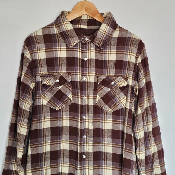 Chor Plaid Flannel Shirt Shacket Thermal Lining Pearl Snaps Pockets Size M Brown - Picture 12 of 14